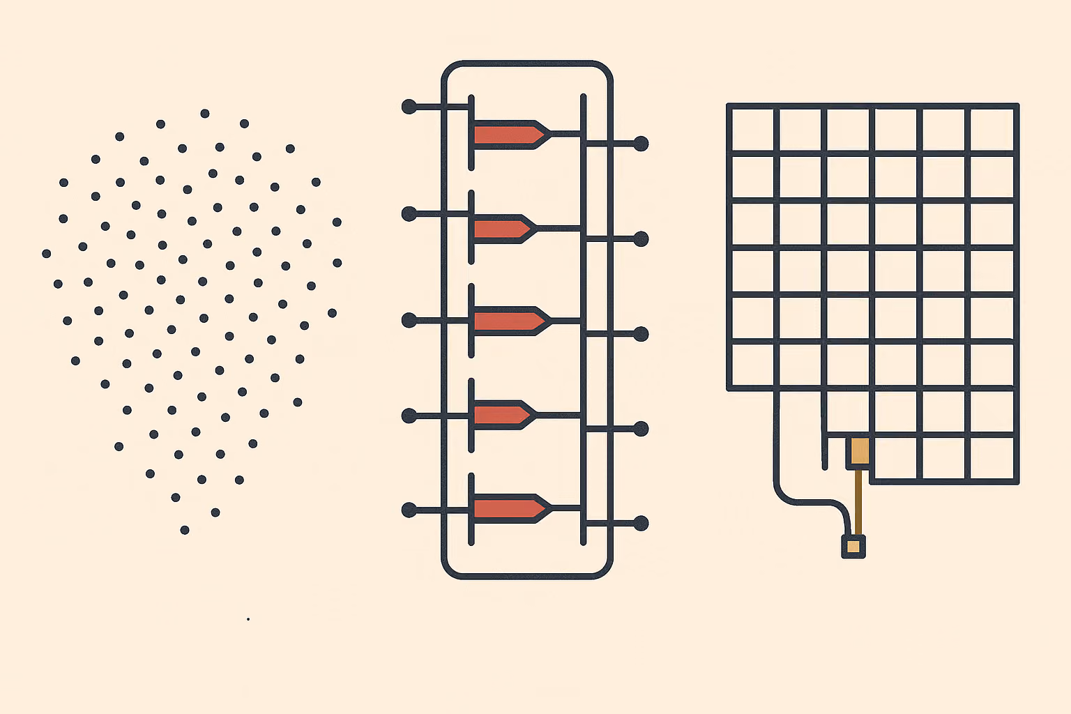 A scattered field of dots resolving through a gate into a precise lattice.